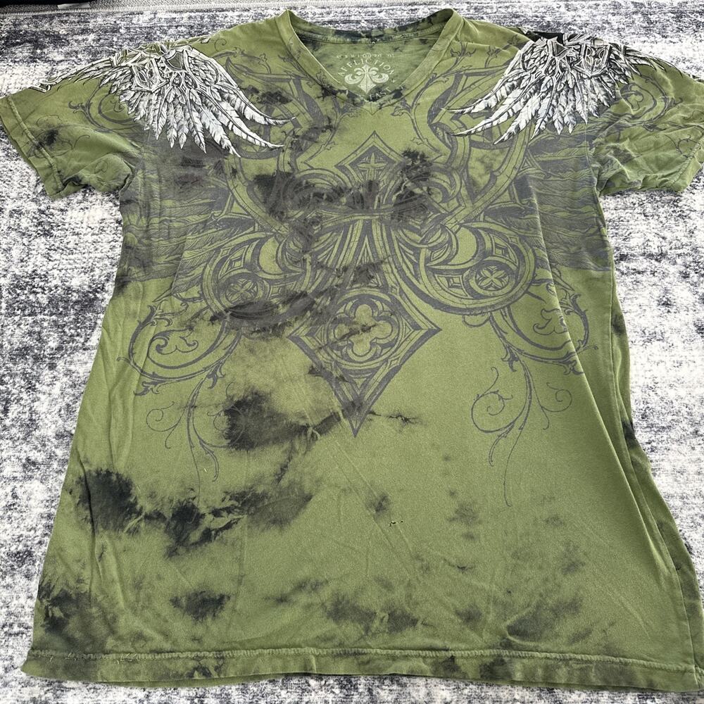 Size XL Affliction‎ Live Fast Men's Shirt Aztec Wings Army Green Vneck Tee - Picture 2 of 12